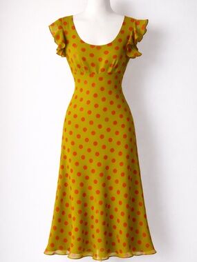 Tracy M. Silk Lime Green Polka Dot Midi Fully Lined Dress Flutter Sleeve size 10